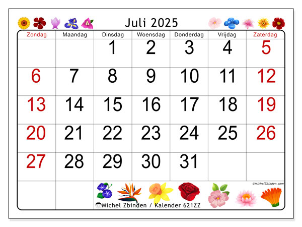 Kalender om af te drukken, juli 2025, 621ZZ