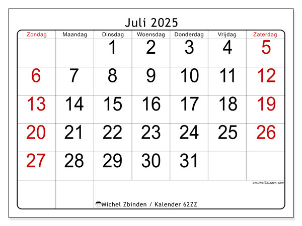 Kalender om af te drukken, juli 2025, 62ZZ