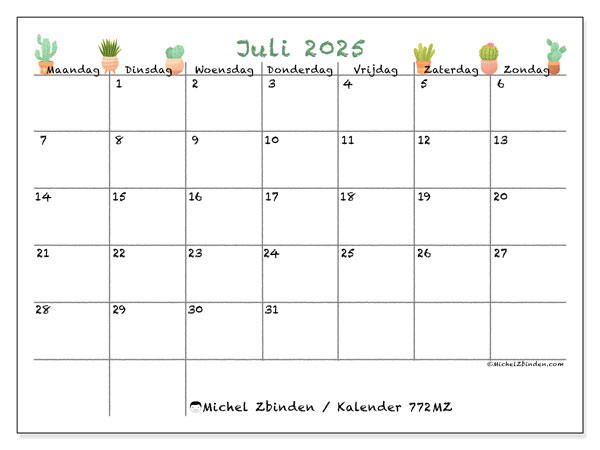 Kalender om af te drukken, juli 2025, 772MZ