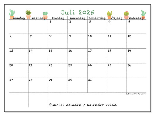 Kalender om af te drukken, juli 2025, 772ZZ