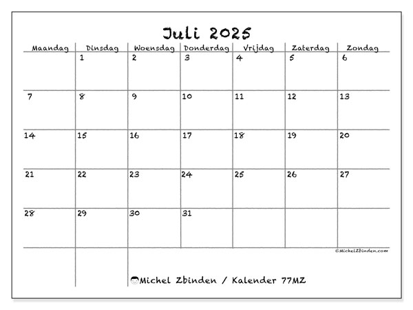 Kalender om af te drukken, juli 2025, 77MZ