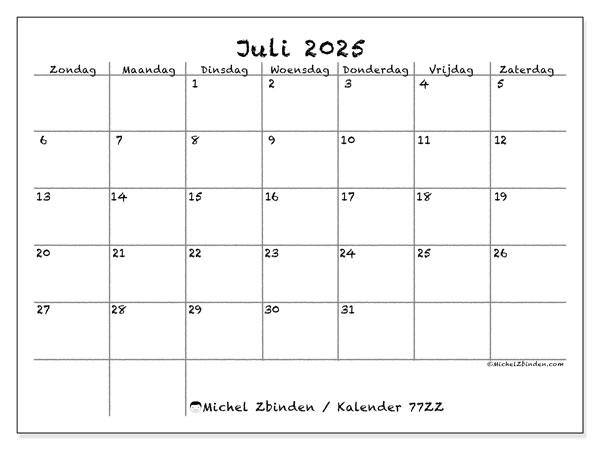 Kalender om af te drukken, juli 2025, 77ZZ