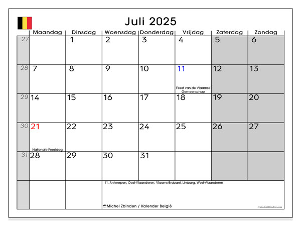 Kalender zum Ausdrucken, Juli 2025, Belgien (NL)
