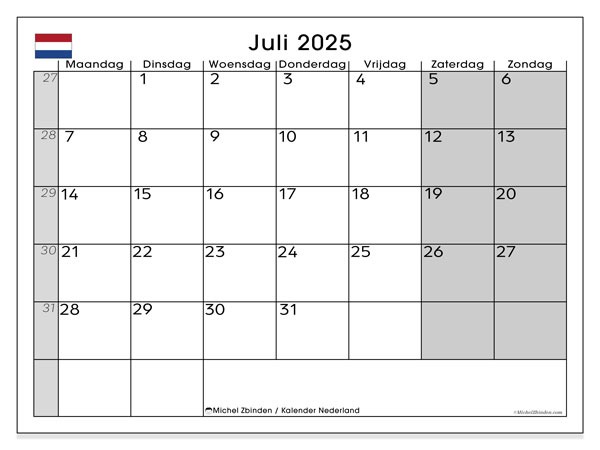 Tulostettava kalenteri, heinäkuu 2025, Alankomaat