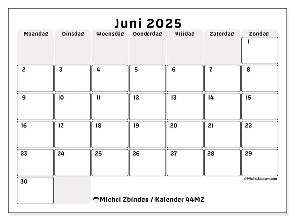 Kalender juni 2025, 44MZ. Gratis af te drukken agenda.