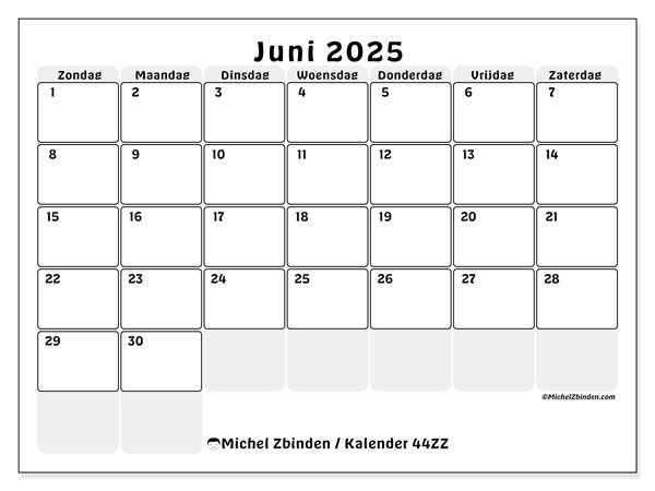 Kalender juni 2025 “44”. Gratis afdrukbaar programma.. Zondag tot zaterdag
