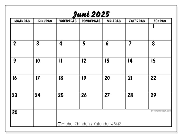 Kalender om af te drukken, juni 2025, 45MZ