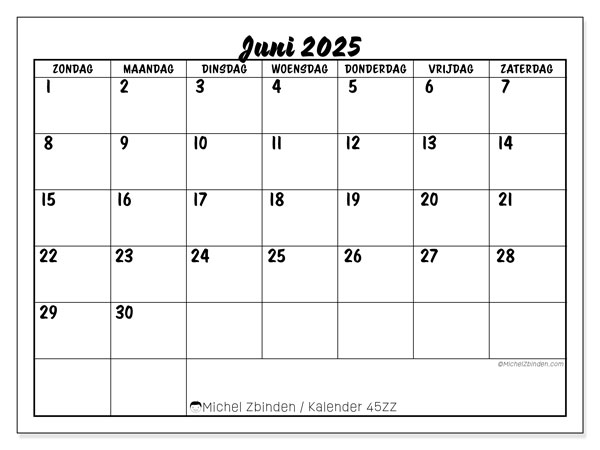 Kalender om af te drukken, juni 2025, 45ZZ