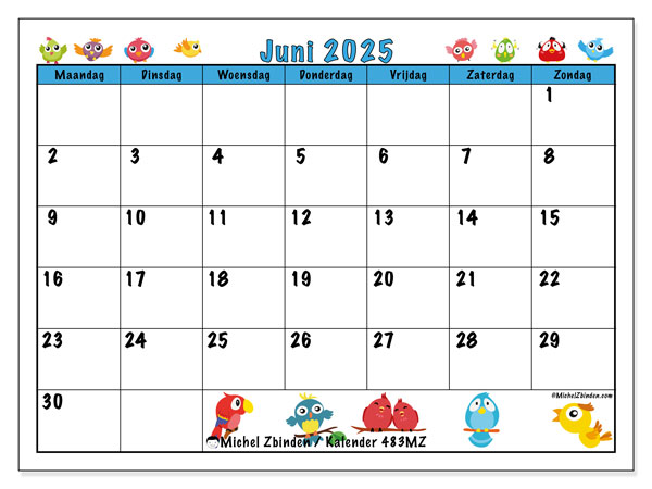 Kalender om af te drukken, juni 2025, 483MZ
