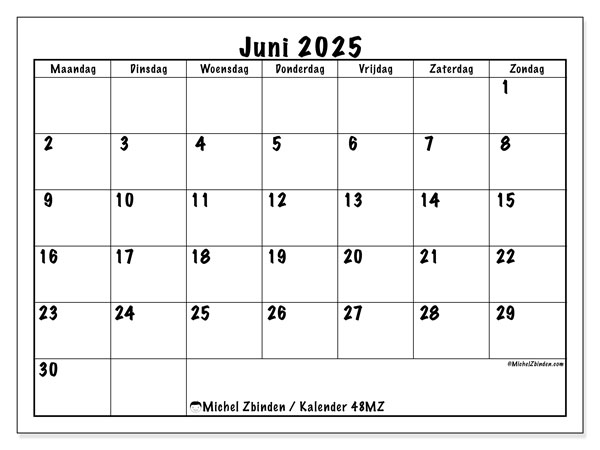 Kalender om af te drukken, juni 2025, 48MZ