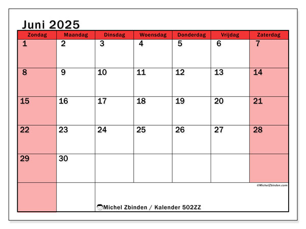 Kalender juni 2025 “502”. Gratis afdrukbaar programma.. Zondag tot zaterdag