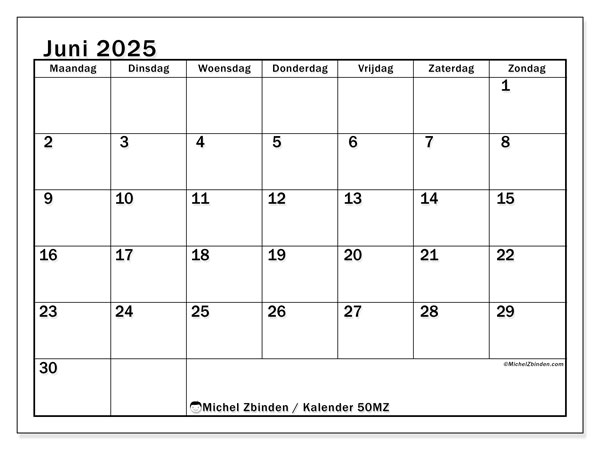 Kalender om af te drukken, juni 2025, 50MZ