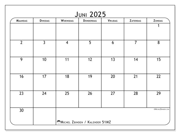 Kalender om af te drukken, juni 2025, 51MZ