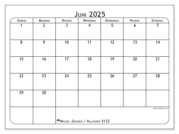Kalender om af te drukken, juni 2025, 51ZZ