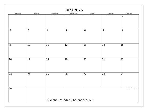 Kalender juni 2025 “53”. Gratis af te drukken agenda.. Maandag tot zondag