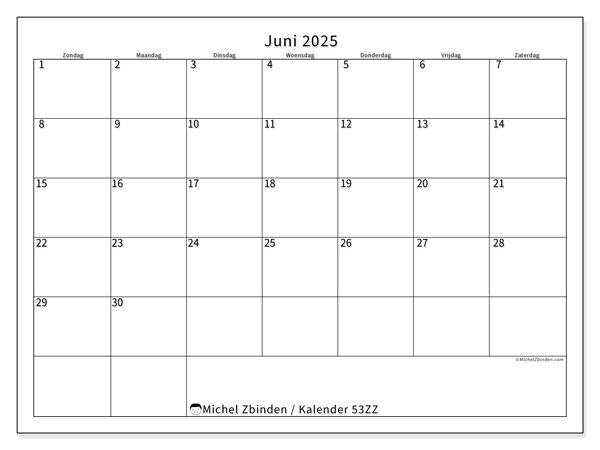 Kalender juni 2025 “53”. Gratis af te drukken agenda.. Zondag tot zaterdag