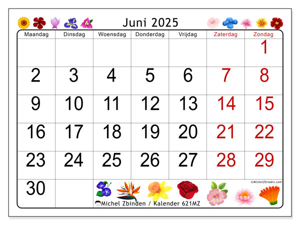 Kalender om af te drukken, juni 2025, 621MZ
