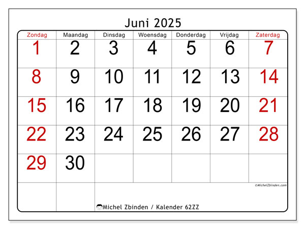 Kalender om af te drukken, juni 2025, 62ZZ