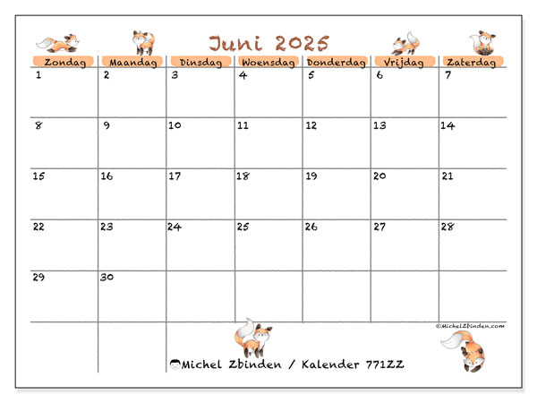 Kalender om af te drukken, juni 2025, 771ZZ
