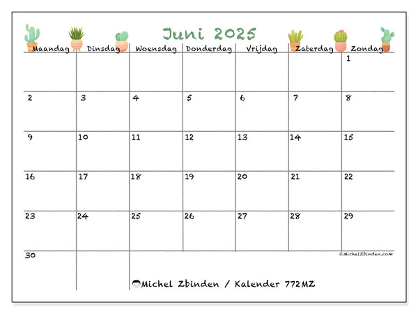 Kalender om af te drukken, juni 2025, 772MZ