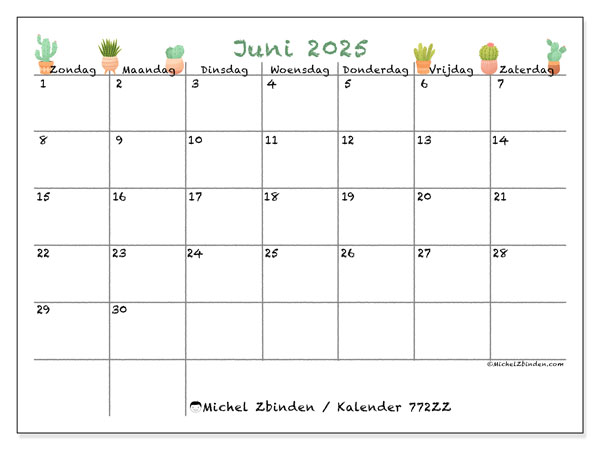 Kalender om af te drukken, juni 2025, 772ZZ