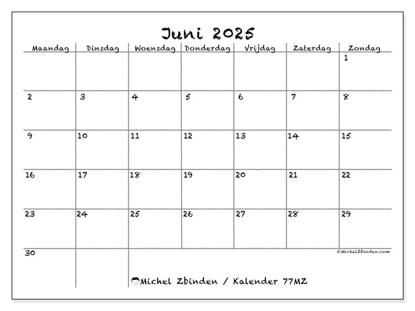 Kalender om af te drukken, juni 2025, 77MZ