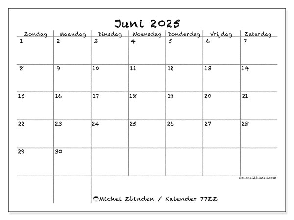 Kalender om af te drukken, juni 2025, 77ZZ