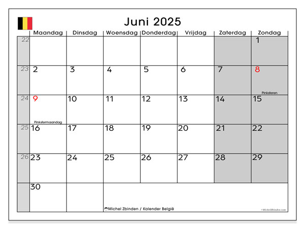 Kalender zum Ausdrucken, Juni 2025, Belgien (NL)