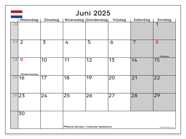 Tulostettava kalenteri, kesäkuu 2025, Alankomaat