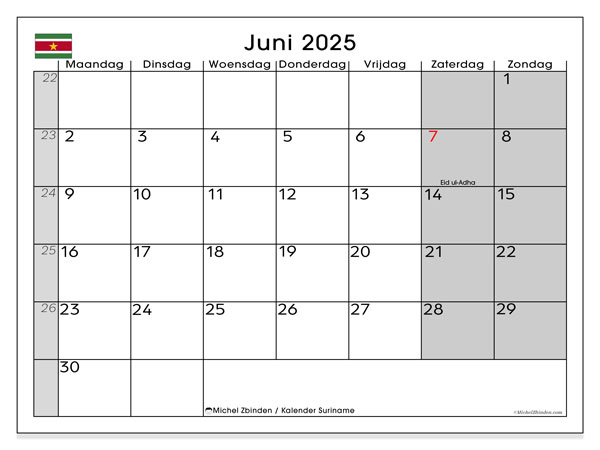 Kalender om af te drukken, juni 2025, Suriname (MZ)