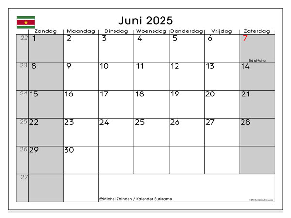 Kalender om af te drukken, juni 2025, Suriname (ZZ)