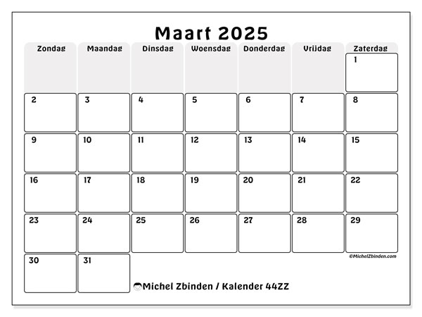 Kalender maart 2025, 44ZZ. Gratis afdrukbare kalender.