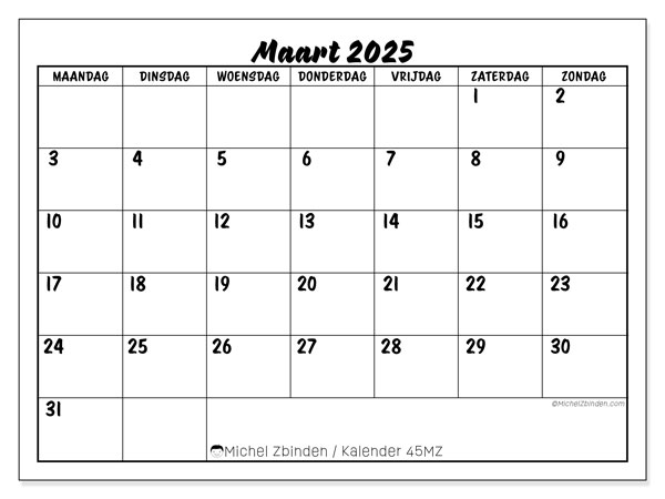 Kalender maart 2025 “45”. Gratis printbare kaart.. Maandag tot zondag