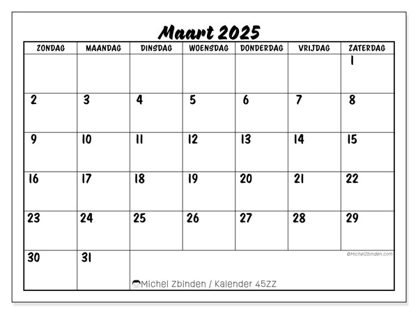Kalender maart 2025 “45”. Gratis printbare kaart.. Zondag tot zaterdag