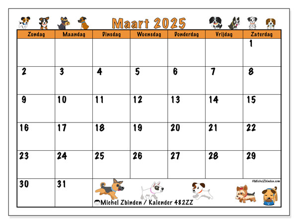 Kalender maart 2025 “482”. Gratis printbaar schema.. Zondag tot zaterdag