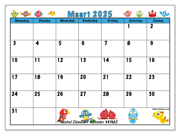 Kalender maart 2025 “483”. Gratis printbare kaart.. Maandag tot zondag