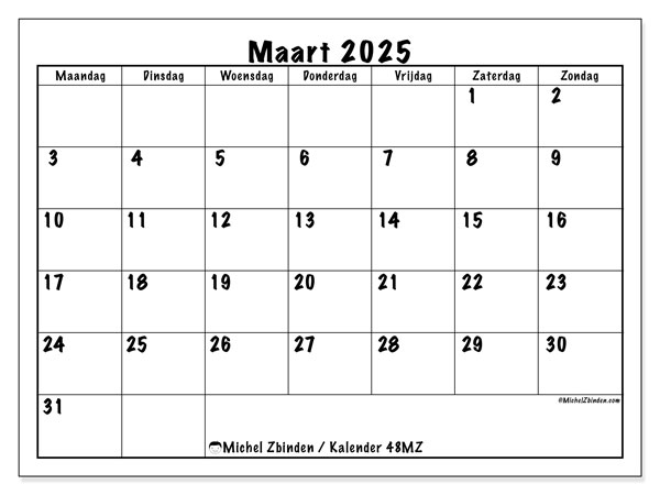 Kalender maart 2025 “48”. Gratis printbare kaart.. Maandag tot zondag