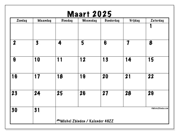 Kalender maart 2025, 48ZZ. Gratis printbaar schema.