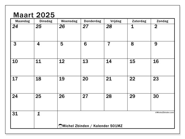 Kalender maart 2025 “501”. Gratis printbare kaart.. Maandag tot zondag