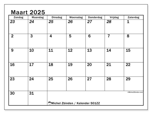 Kalender maart 2025 “501”. Gratis afdrukbare kalender.. Zondag tot zaterdag