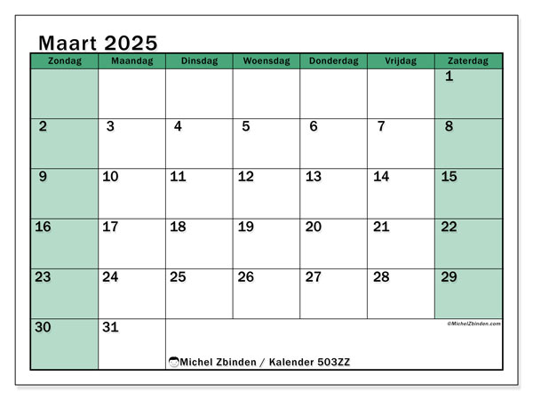 Kalender maart 2025 “503”. Gratis af te drukken agenda.. Zondag tot zaterdag