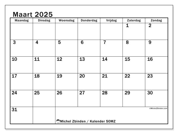 Kalender maart 2025 “50”. Gratis printbare kaart.. Maandag tot zondag