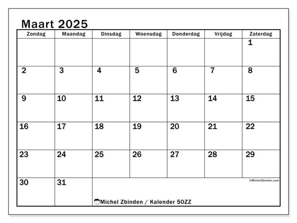 Kalender maart 2025 “50”. Gratis printbare kaart.. Zondag tot zaterdag