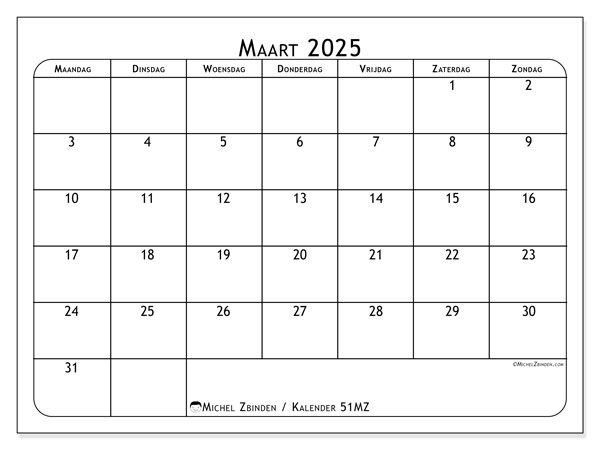 Kalender maart 2025 “51”. Gratis afdrukbaar programma.. Maandag tot zondag