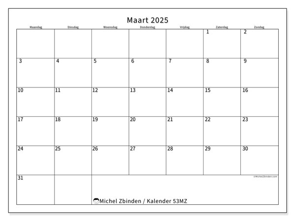 Kalender maart 2025 “53”. Gratis af te drukken agenda.. Maandag tot zondag