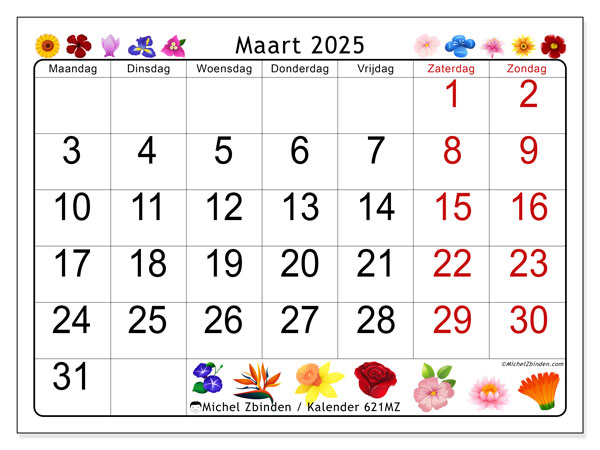 Kalender maart 2025 “621”. Gratis printbare kaart.. Maandag tot zondag