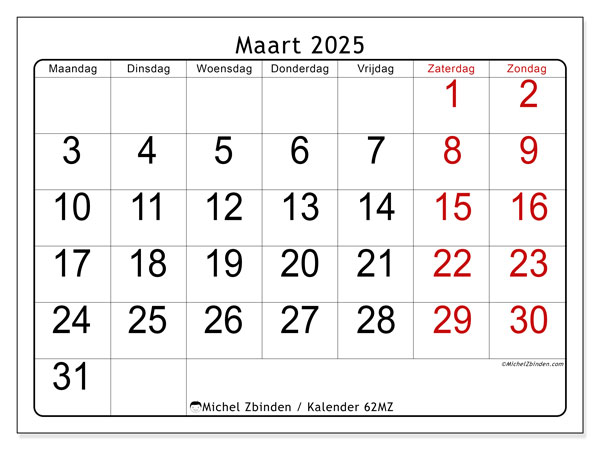 Kalender maart 2025 “62”. Gratis printbare kaart.. Maandag tot zondag