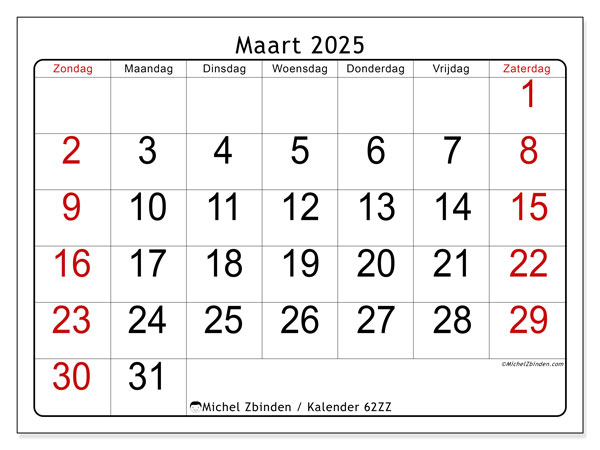 Kalender maart 2025, 62ZZ. Gratis printbare kaart.