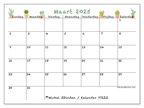 Kalender maart 2025, 772ZZ. Gratis printbare kaart.
