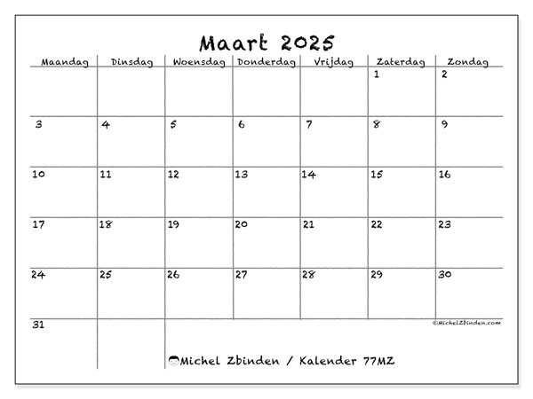 Kalender maart 2025 “77”. Gratis printbare kaart.. Maandag tot zondag